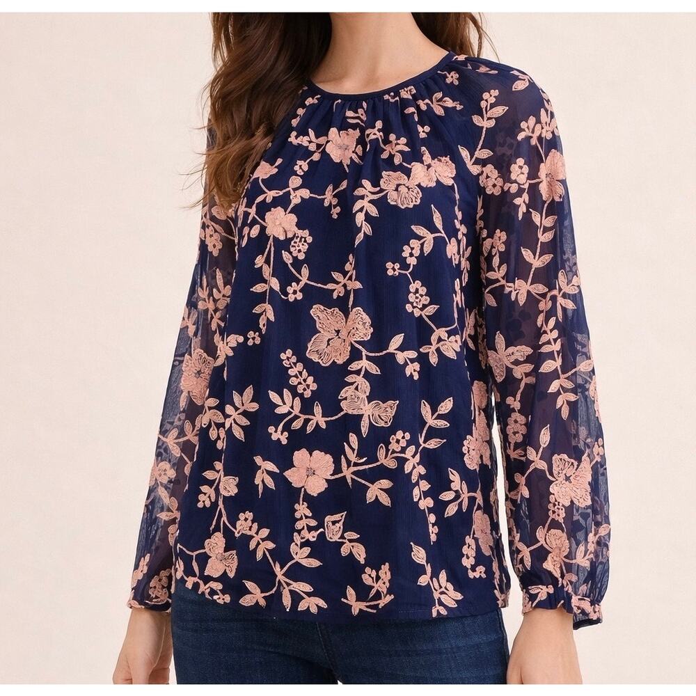 NWOT Anthropologie Sunday in Brooklyn Navy Pink Embroidered Floral Blouse Size S